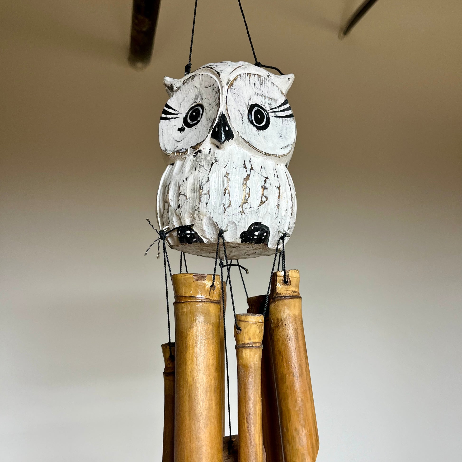 Bamboo Wind Chime with Owl Head Closeup