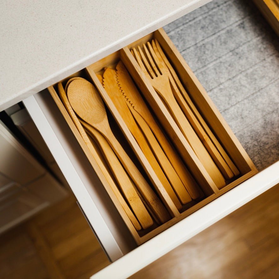 sustainable, zero waste, earth - friendly, plastic - free Bamboo Cutlery Set in Drawer Organizer - Bamboo Switch