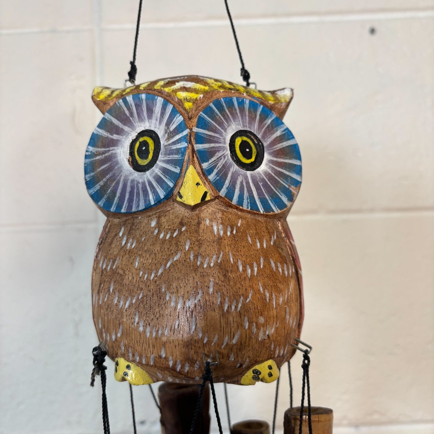 sustainable, zero waste, earth - friendly, plastic - free Wooden Owl with Blue Eyes Wind Chime - Bamboo Switch