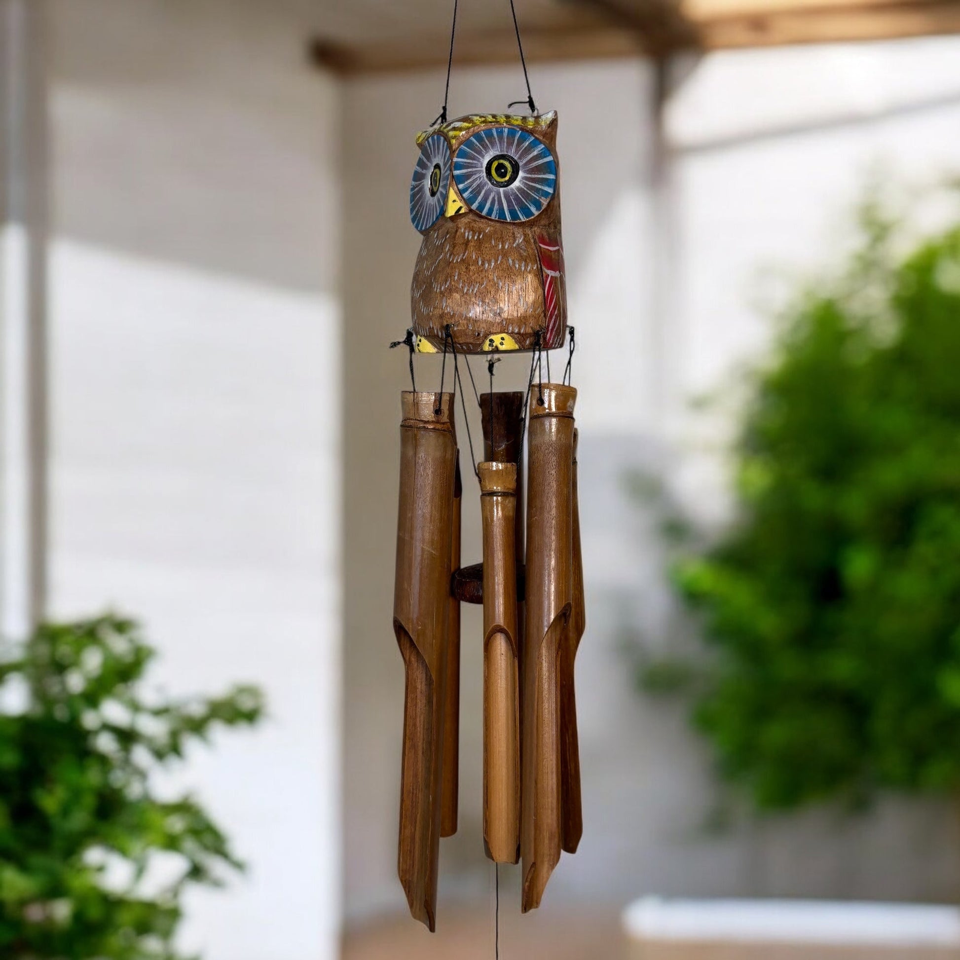 sustainable, zero waste, earth - friendly, plastic - free Wooden Owl with Blue Eyes Wind Chime - Bamboo Switch