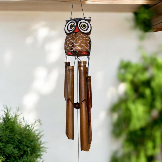 sustainable, zero waste, earth - friendly, plastic - free Wooden Owl with White Eyes Wind Chime - Bamboo Switch