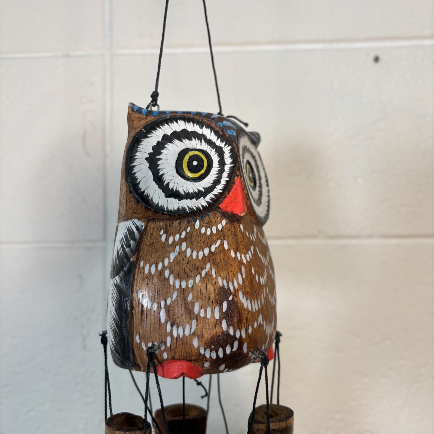 sustainable, zero waste, earth - friendly, plastic - free Wooden Owl with White Eyes Wind Chime - Bamboo Switch